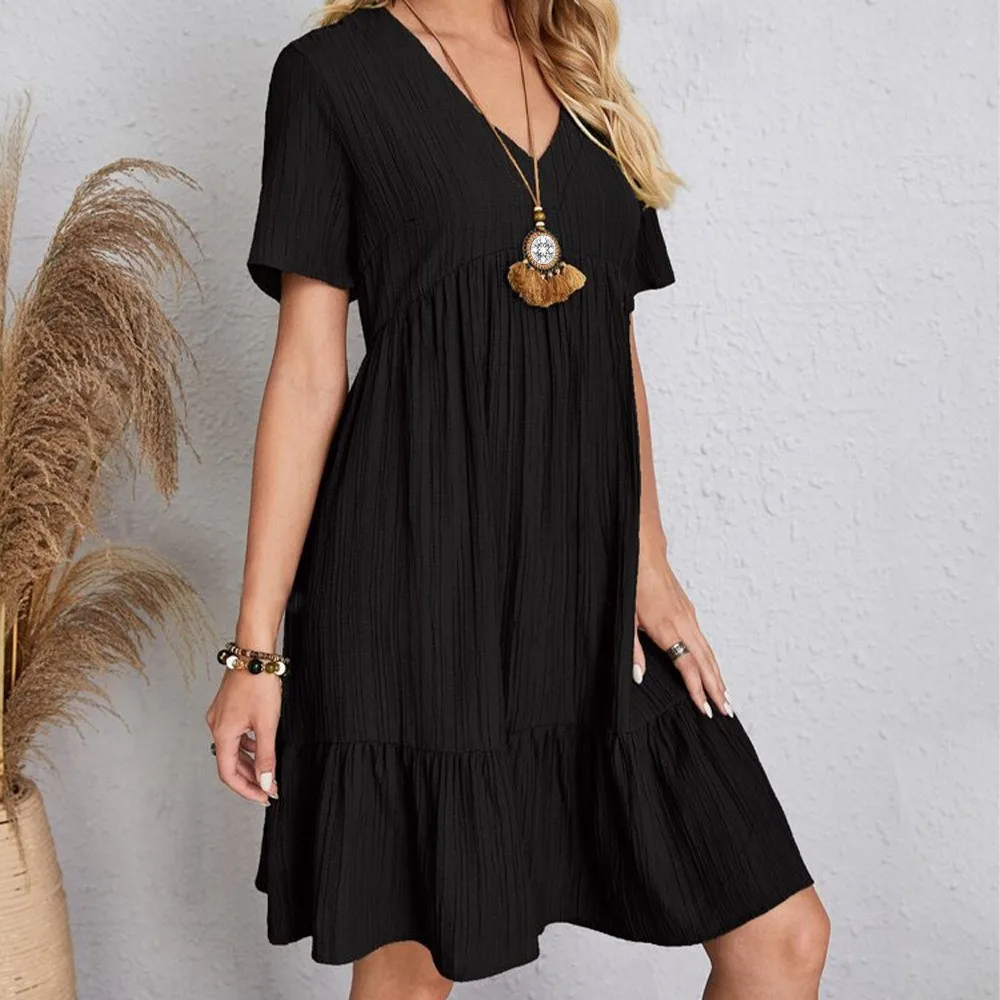 Women Summer Dresses Spring V-Neck Short Sleeve Loose Waist Ruffle Fit Flare Vocation Dresses