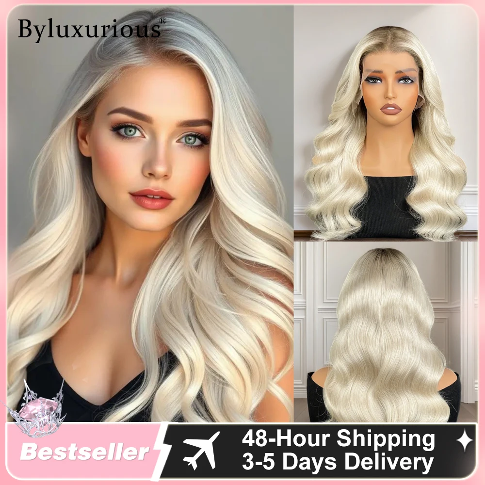 Byluxurious البلاتين لامع الجذر الظل بيتشي موجات 100% عذراء شعر مستعار غير قابل للاكتشاف شعري 180% خفيفة الوزن تصميم الباروكات