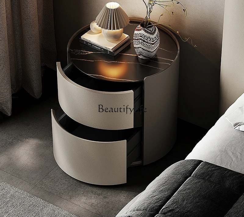 Italian minimalist round bedside table simple modern light luxury rock slab solid wood small side cabinet