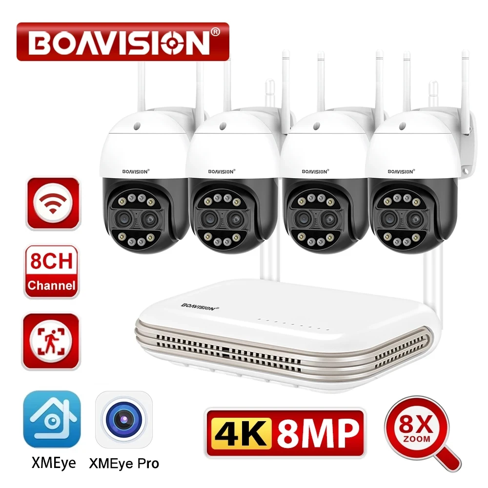 8MP 8X Digital Zoom Dual Lens WIFI PTZ Security Camera Waterproof  8CH Mini Wifi NVR H.265 Wireless Video Surveillance System