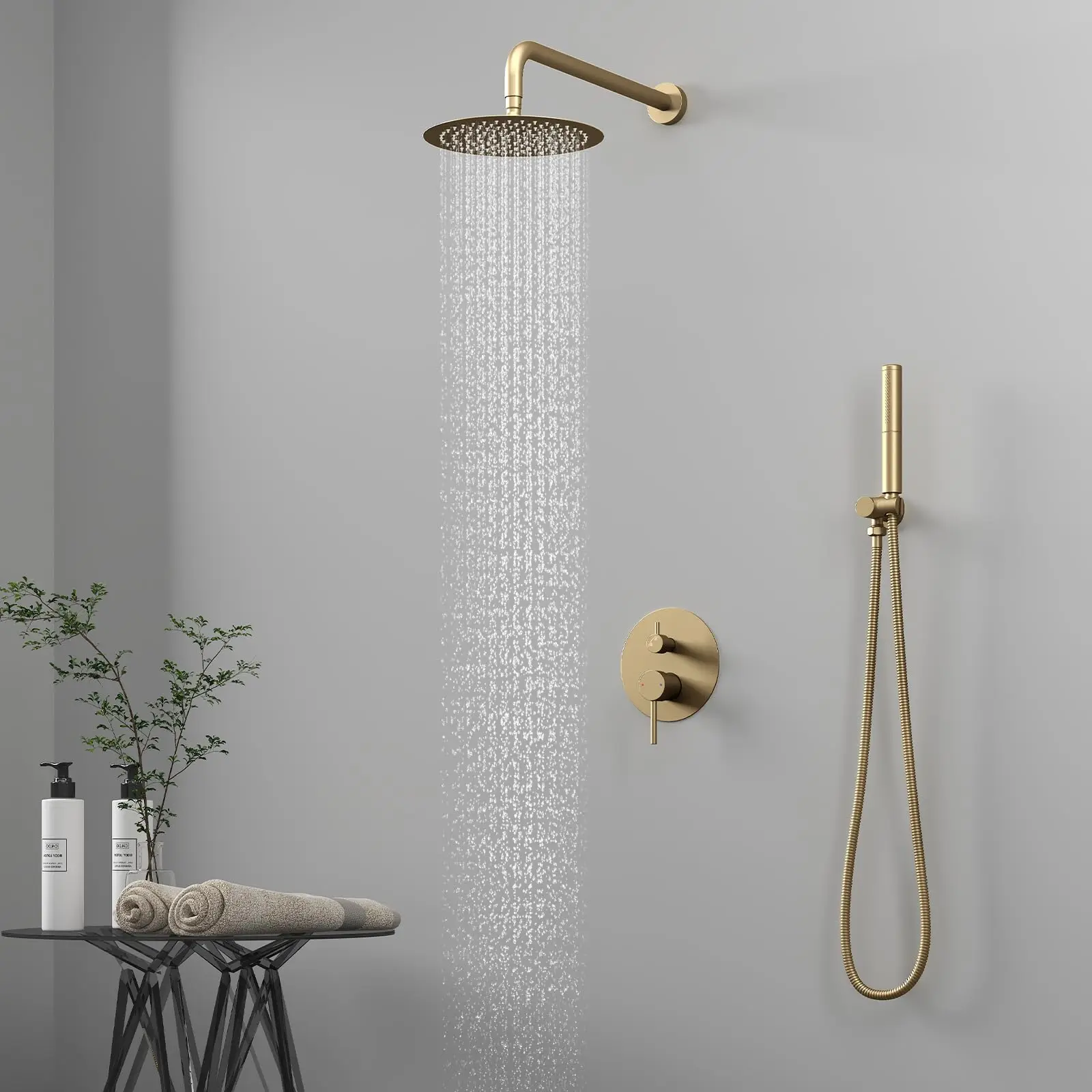 Luxury Brushed Gold Round Shower Faucet Set High Pressure Rainfall Bathroom Thermostatic Shower System Rainfall Shower Head