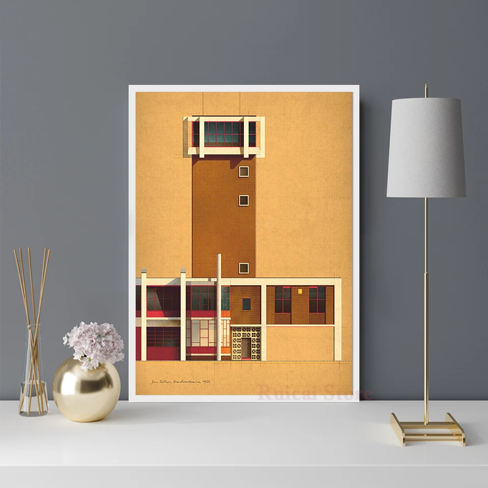 Jan Zollner, Brandweerkazerne, 1959 Poster Print Canvas Painting Building Wall Art Pictures Living Room Home Decor
