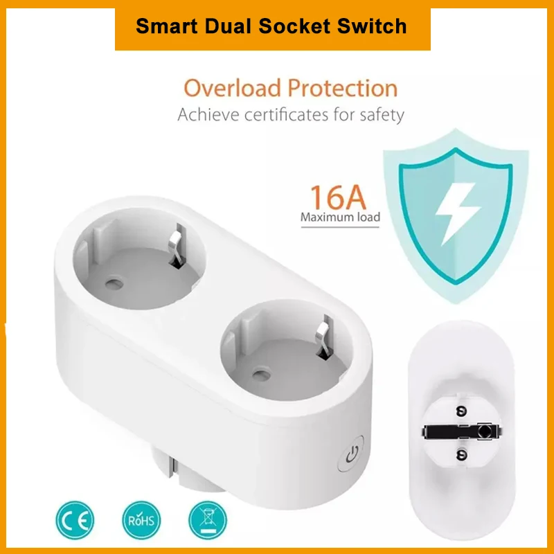 Tuya Split Flow Dual Control Timed Switch 16A EU Overload Protection WiFi Smart Socket Works For Voice Control Alexa Google