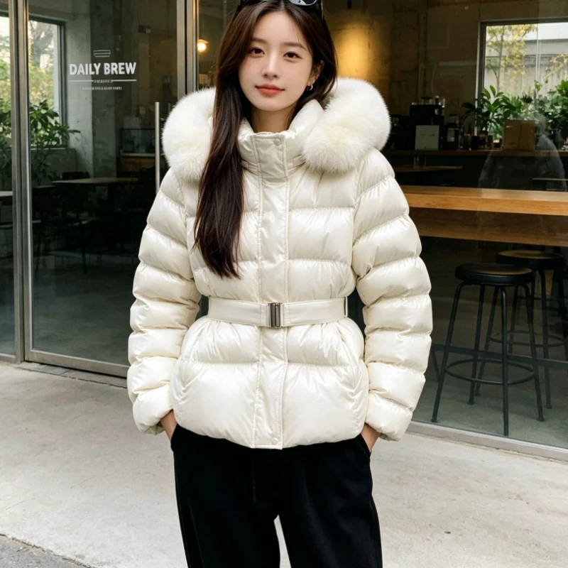 Women Parkas Korean Chic Winter Coat Retro Big Fur Collar Removable Lace-up Warm Hooded Cotton Padded Jacket Female Outerwear