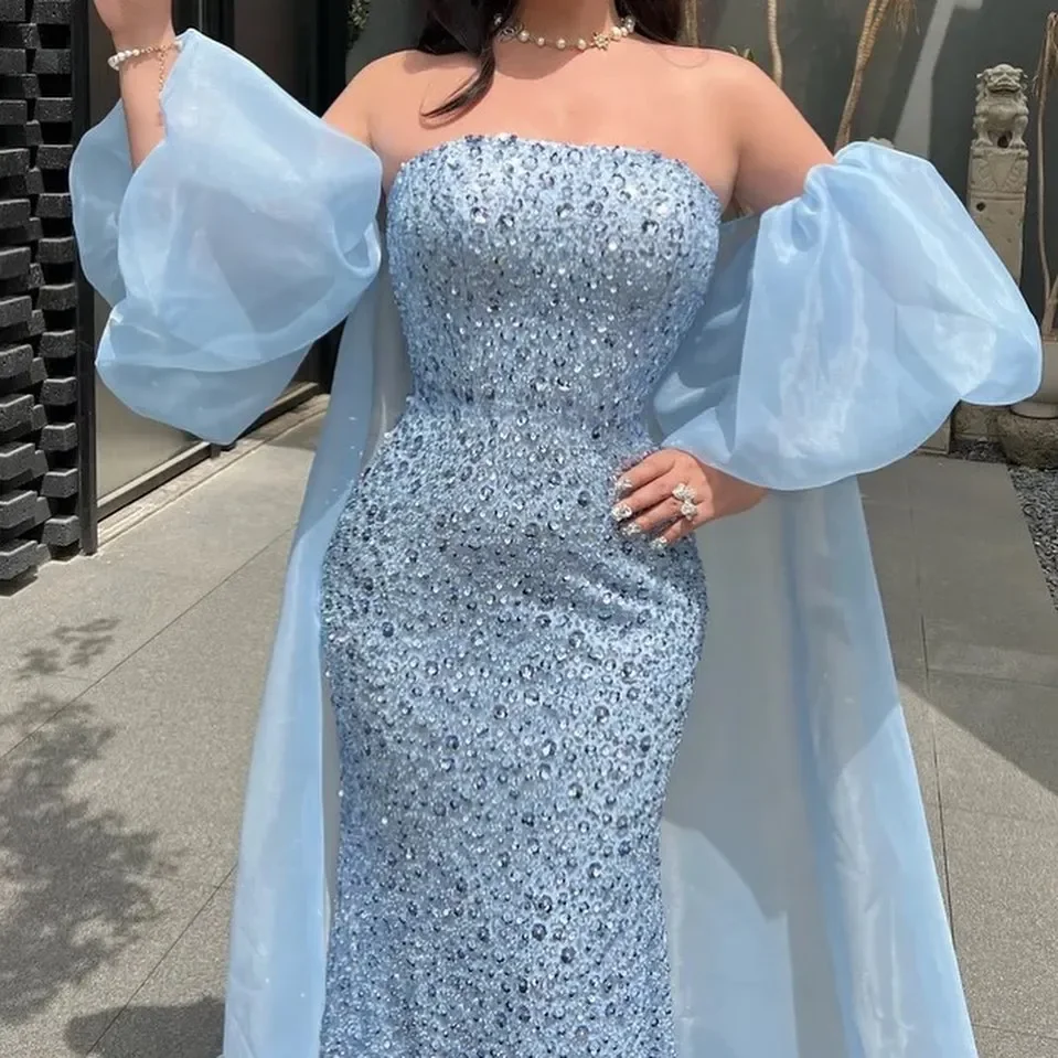 Customized Baby Blue Mermaid Evening Dress Crystal Beaded Sparkly Prom Dress Strapless Puffy Sleeves Formal Dresses For Special