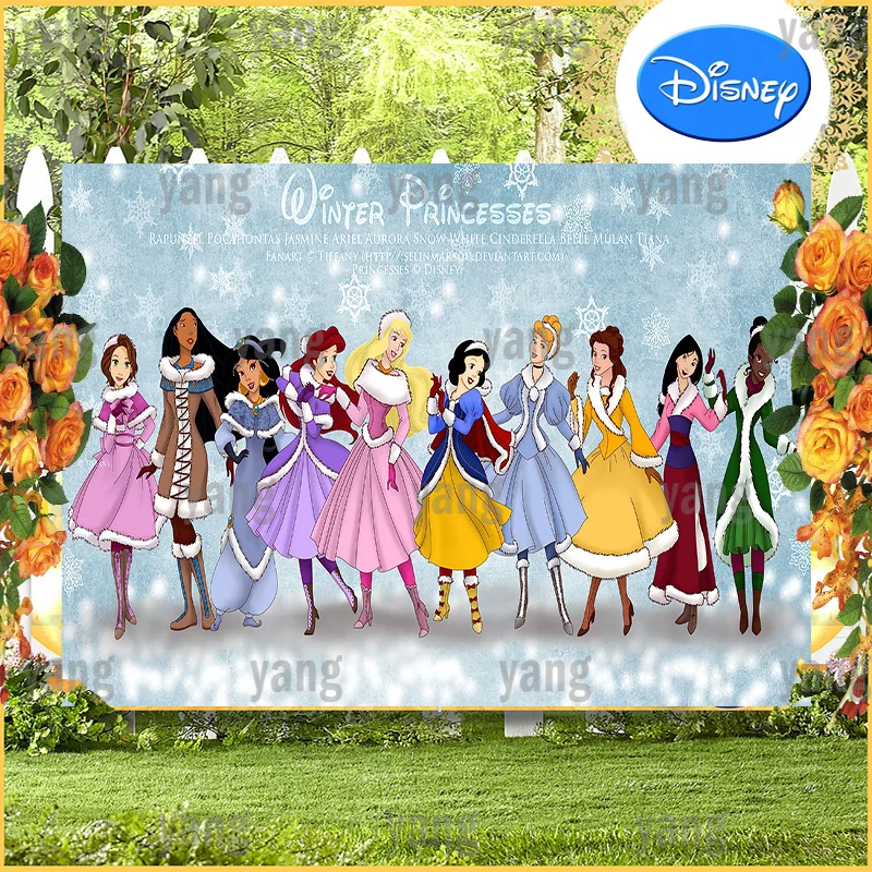 

Disney Princess Snow White Cinderella Tiana Aurora Jasmine Mulan Photo Backdrop Birthday Party Custom Backgrounds Decoration