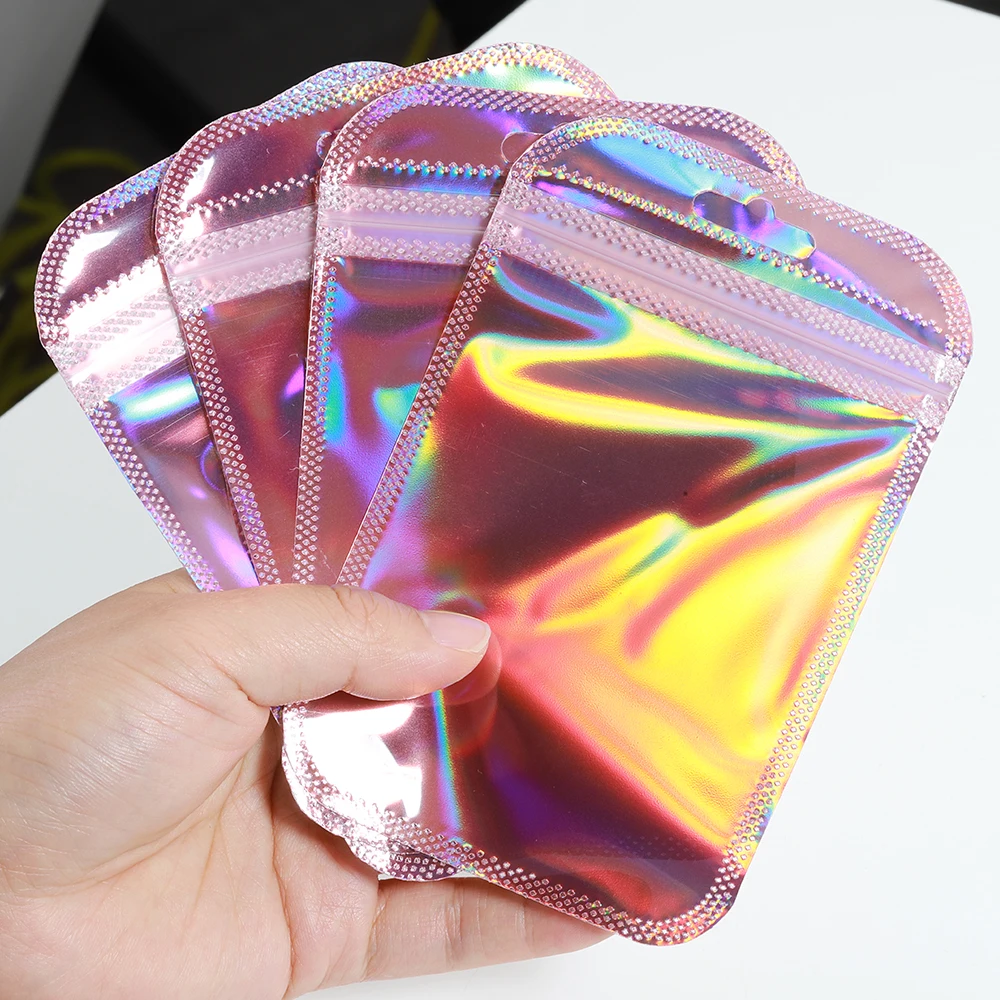 50pcs Iridescent Self Sealing Bags Pink Laser Plastic Pouches Resealable Zip Lock Packaging for Jewelry Display Retail Bags