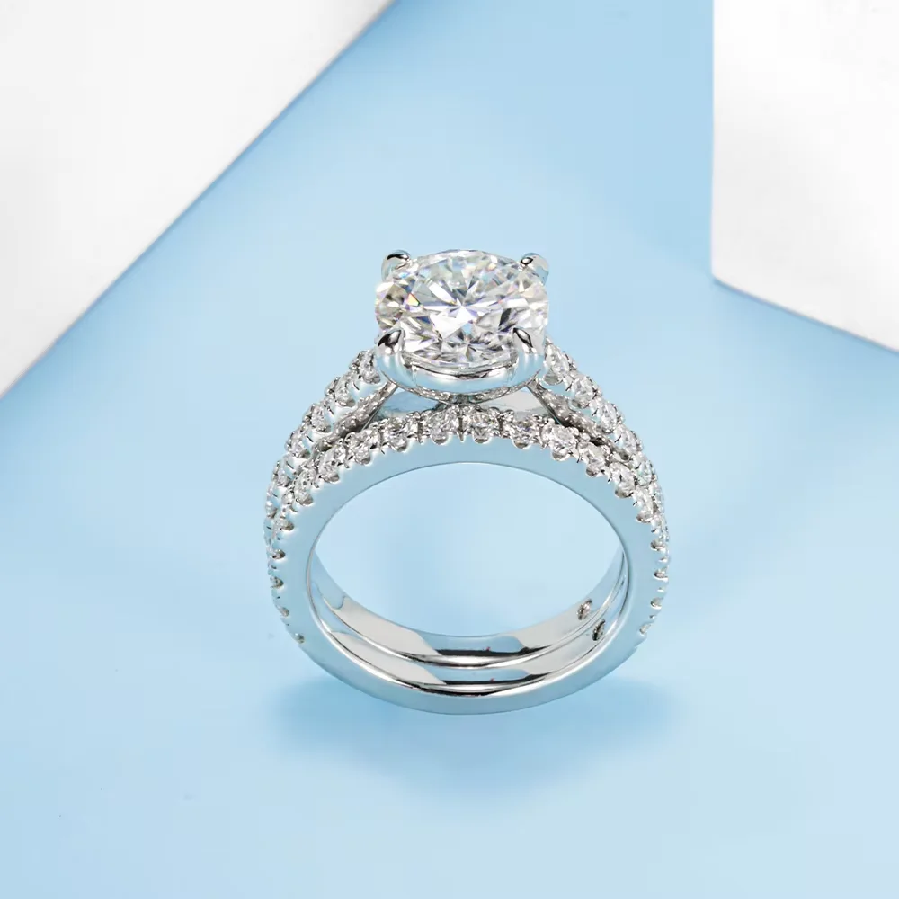 DAMLISA 3ct Main Stone (4.15cttw) Round D Color Moissanite Engagement Ring for Women Wedding Band 925 Sterling Silver Bridal Set