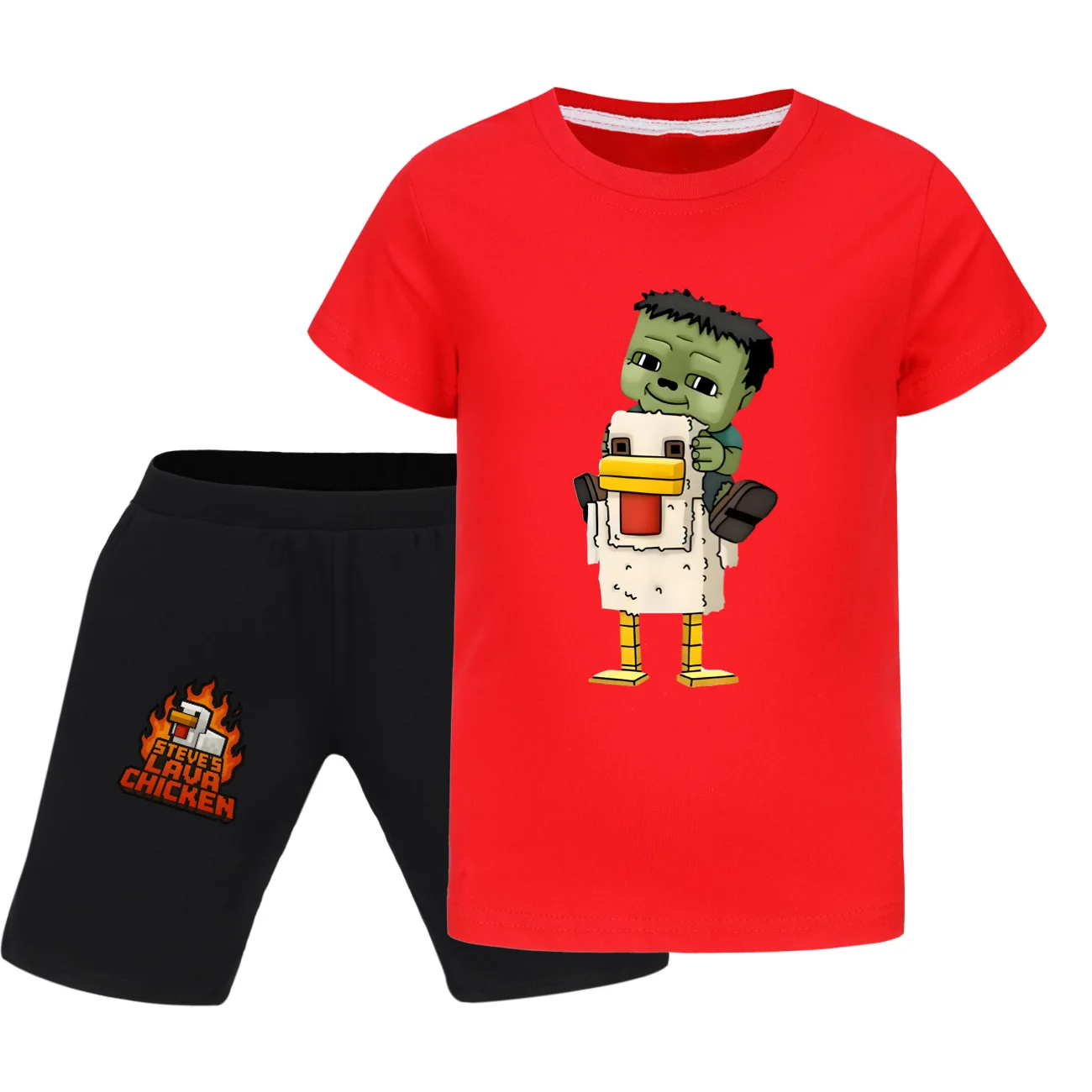 الصيف الدجاج الفارس طفل ملابس الطفل 2 قطعة الأطفال دعوى تي شيرت كامل مجموعة تي شيرتات قصيرة للأطفال الملابس الصبي الفتيات ستيف الحمم الدجاج مجموعات #1