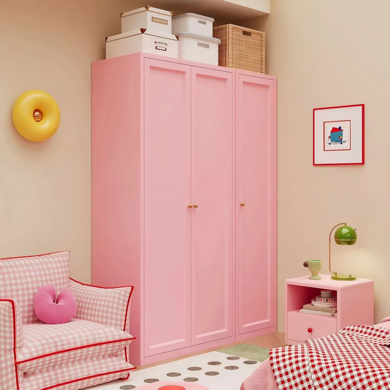 *Modern Steel Kids Wardrobe DIY Knock-Down Design Lockable Hinged Doors 5-Shelf Storage Cabinet for Bedroom