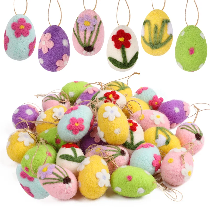

8Pcs Wool Felt Easter Eggs Kids Gift Basket Filler Happy Easter Home Decoration Painted Flower Dot Eggs Tree Pendant With Rope