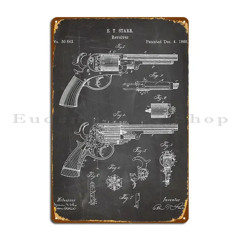 Western Revolver Patent Antique Firearm Art Black Chalkboard Metal Plaque Party Cinema Wall Plaque Designing Tin Sign Poster
