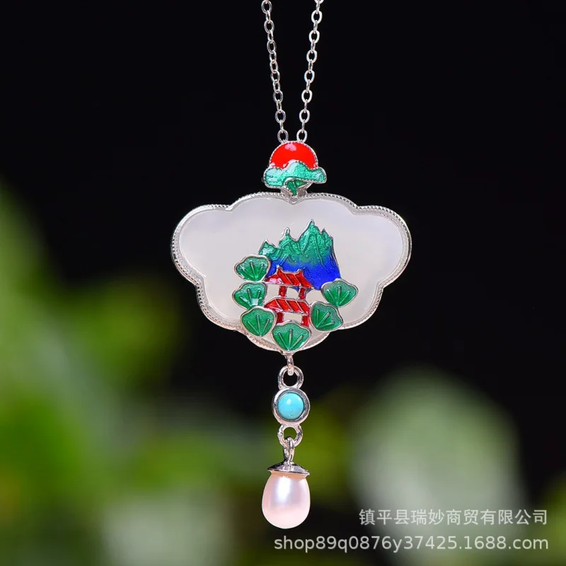 

S925 Silver Inlaid Hetian Jade Peace Enamel Tassel Necklace Pendant Lock Women