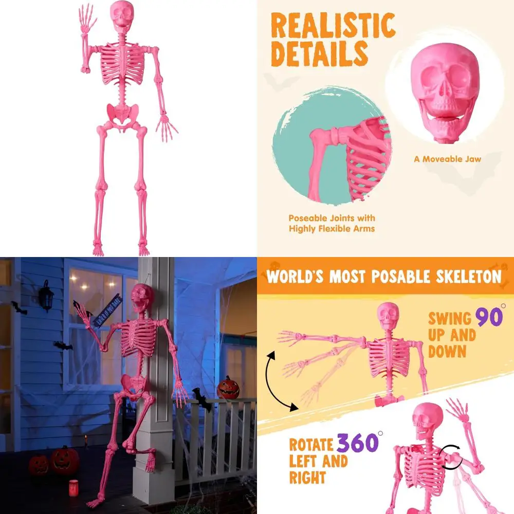 

Life-Size Halloween Skeleton, Posable Joints, Pink Plastic, Giant Outdoor Yard Decoration, Spooky Halloween Theme