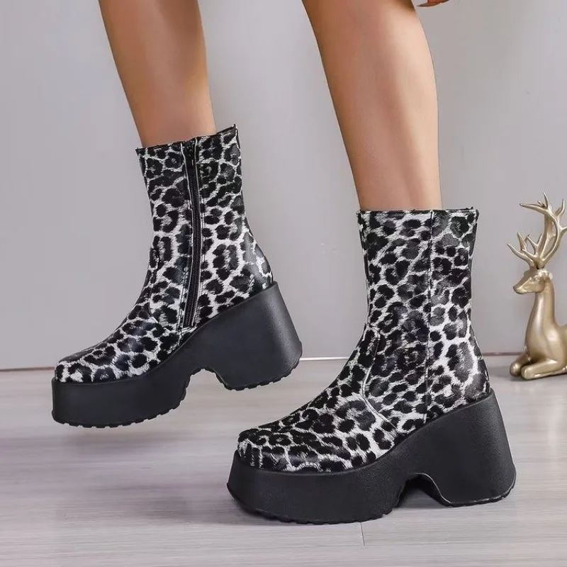 Leopard Platform Wome Boots Thick High Heels Round Toe Platform Ankle Shoes Punk Goth Fashion Luxury Casual Comfy 2024 New Boots