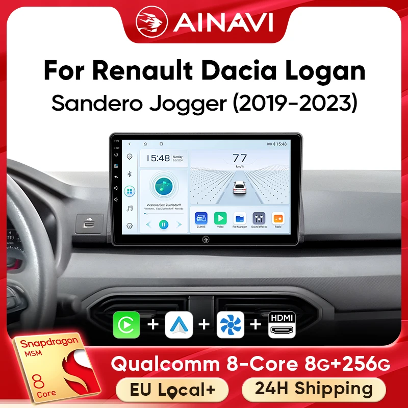 Ainavi Autoradio für Renault Dacia Logan Sandero Jogger 2019 2020 2021 2022 2023, kabelloses Carplay, Android Auto, 4G, Auto-Multimedia