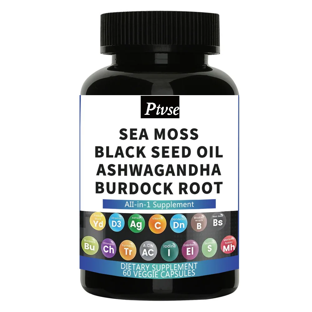 Sea moss 3000mg, black seed oil 2000mg, South African drunken eggplant 1000mg, turmeric 1000mg, blackerback 1000mg, burdock 1000