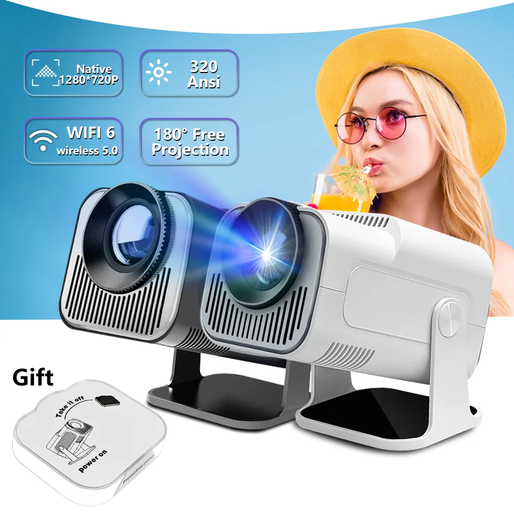 

HY320Мини-проектор Native 720P Allwinner H713 Android11 4K 320ANSI Wi-Fi6 BT5.0 Кино Открытый вращающийся проектор с крышкой объектива