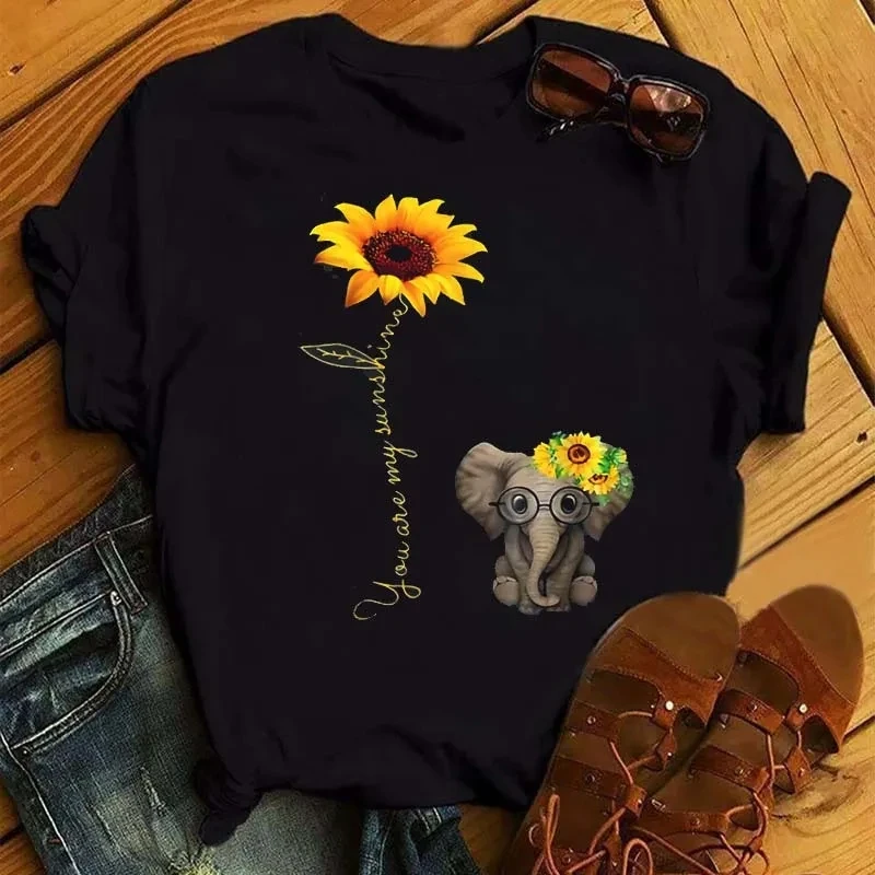 Maycaur New Kawaii Women Sunflower Butterfly Print Black T-Shirts Casual Short Sleeve Tops Cartoon Graphic Clothes Female Tees