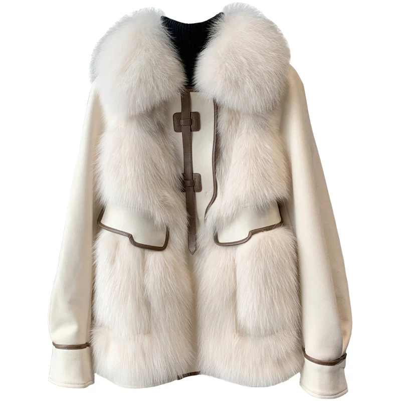 Neue Wollmantel Füllstoff Warme Parkas Verdicken Kurze Mäntel Winter Faux Fuchs Pelzmantel Frauen Daunenjacke Wildleder Stoff Splice Mantel