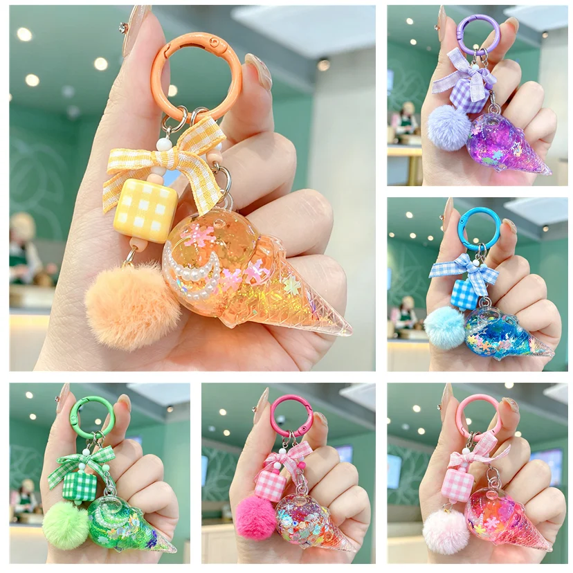 Cute Ice Cream Design Floating Bottle Keychain with Shiny Sequins for Backpacks And Handbags Ideal Gift for Friends
