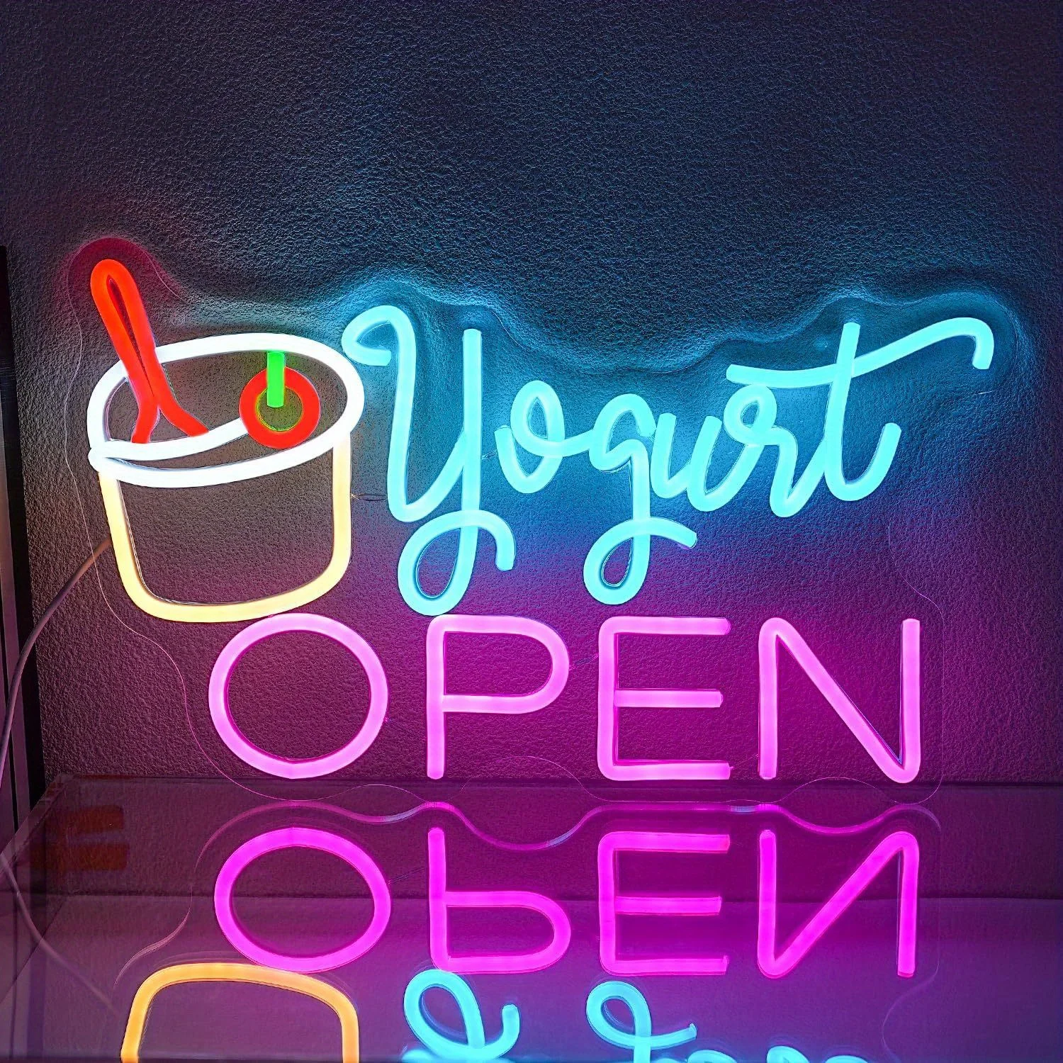 

Неоновая вывеска «Yogurt Shop Open» с разноцветными чашами для кафе с замороженным йогуртом, магазинов мороженого, декор для бизнеса, светодиодная рекламная вывеска 24/7