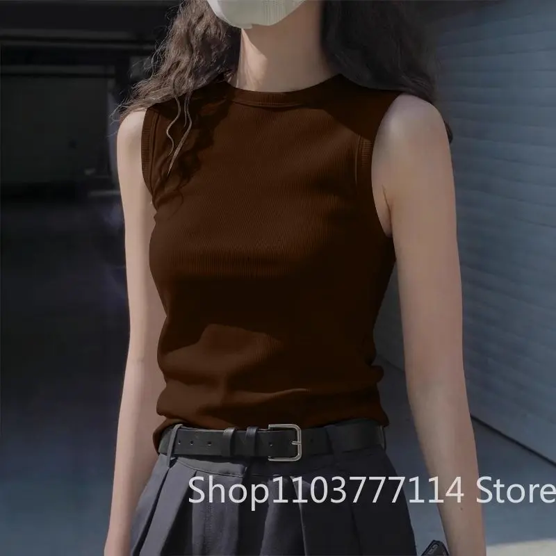 Damen Sommer Mode Rundhals Ärmellose Weste Weiche Einfarbige Trägerbluse Koreanische Version Schlanke Passform Vielseitige Damenkleidung – Detail 6