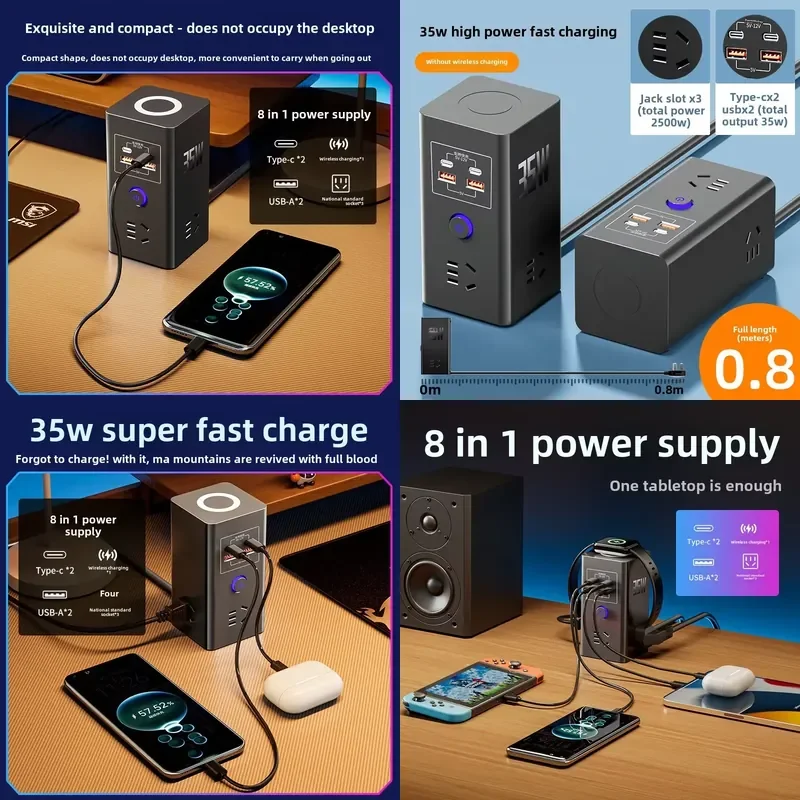 Multifunctional wireless charging socket with USB fast charging, plug-in board Household power strip with cable patch panel