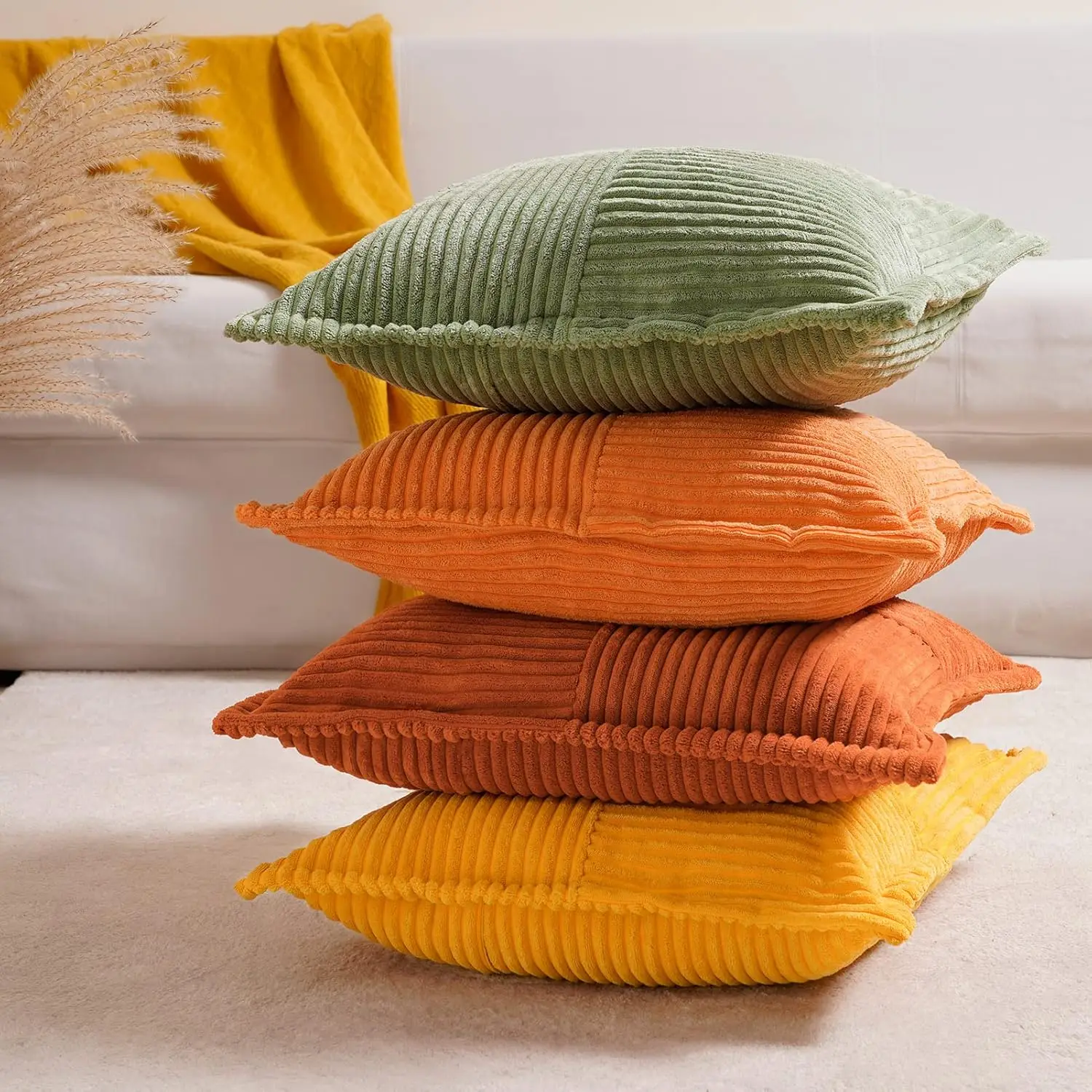 Fall Broadside Throw Pillow Cover with Splicing 18x18 Super Soft Corduroy Couch Pillow Covers Decorative Orange Throw Pillows