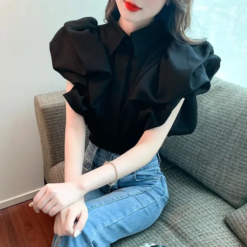 Ruffles Chiffon Shirts for Women Y2K Summer Fashion Elegant Puff Sleeve Buttons Tops Female Korean All Match Blouse New