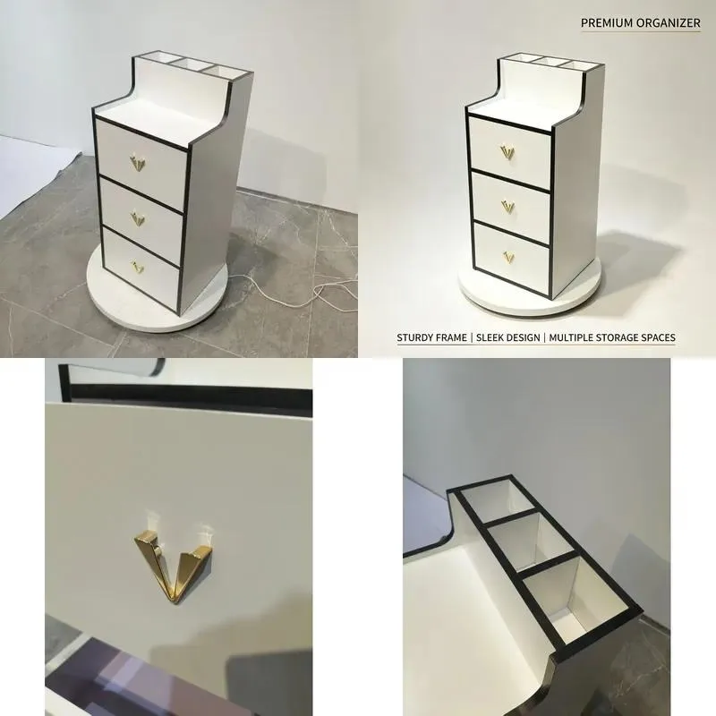 White Black Beauty Storage Cabinet 3 Drawers Gold Handle Scratch Resistant PET G Display Case for Manicure Studio