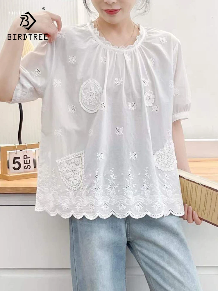 

New 2025 Summer Cotton Short Sleeve Shirt, Women O Neck Embroidery, Mori Girl Retro Versatile Sweet Casual Loose Blouse T55815CC
