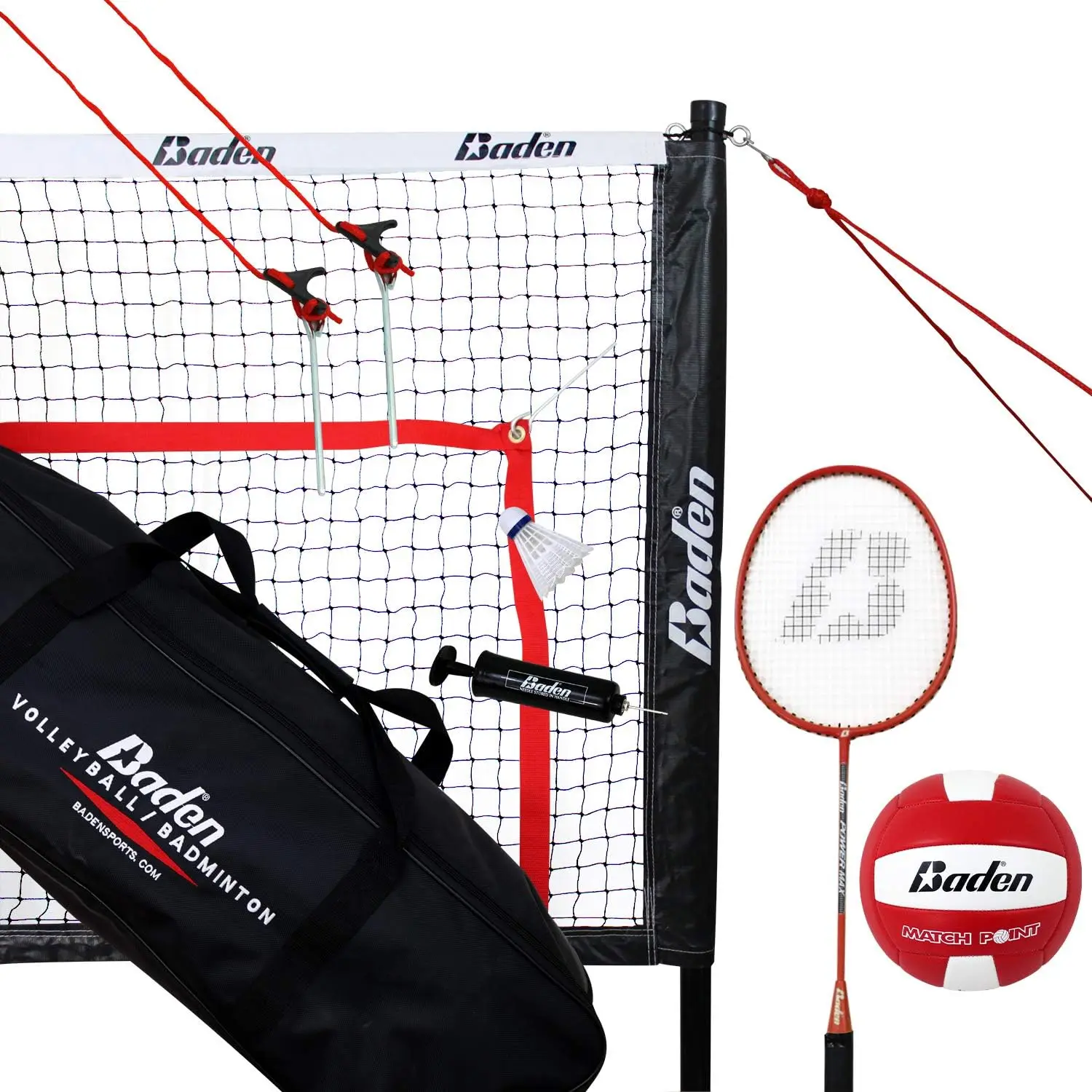 

Champions Volleyball/Badminton Portable Combo Set, 4 Raquets 3 Birdies Boundary Volleyball Pump Carry Bag