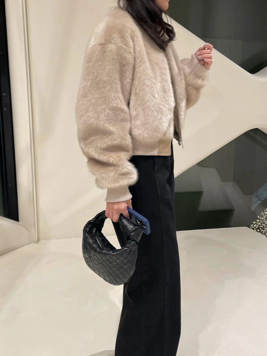 Damen-Jacke aus Kunstnerzfell mit Stehkragen, lockerer, warmer, weicher Oberbekleidungsmantel aus Baumwoll-Cosite-Stoff