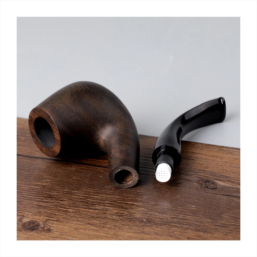 MUXIANG Ru Imported Ebony Tobacco Pipe Classic Sherlock Holmes Bent Handle Egg Pipe Acrylic Mouthpiece Father's Day Gift
