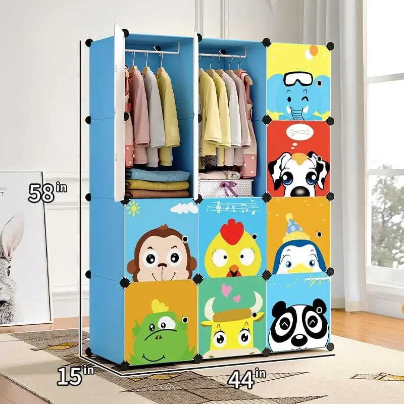 Baby Wardrobe Closet with Door,Cute Portable Armoire Dresser,Clothes Hanging Storage Rack for Boy Bedroom