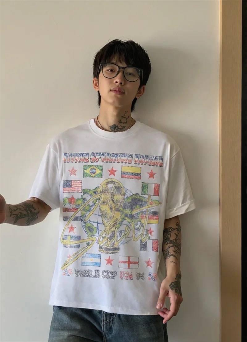 

Винтажная высококачественная хлопковая футболка с короткими рукавами и принтом Saint Summer High Street, свободная повседневная хлопковая футболка большого размера с круглым вырезом