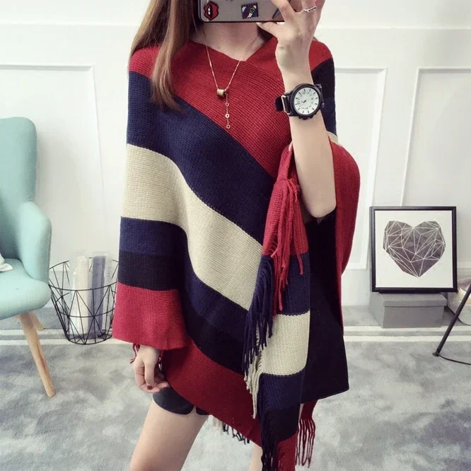 Pull Femme Autumn Winter Women Tassel Knitted Sweater Poncho Sexy Striped V Neck Irregular Hem Casual Loose Pullover Jumper Red