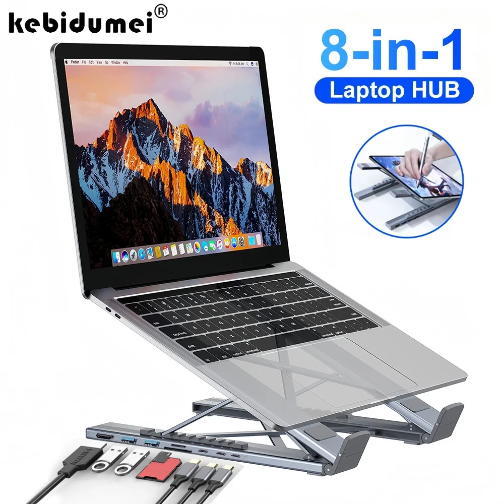 

8-in-1 Bracket Docking Station Aluminium Alloy Laptop Holder Hub TYPE-C to HD-MI Adapter 4K PD100W USB3.0 5Gbps Hub USB Splitter