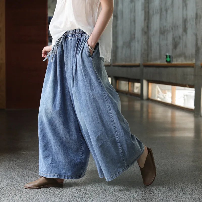 Vintage Washed Distressed Women Jeans Elastic Waist Lace-up Literary Loose Pants Versatile Simple Female Trousers JJ123
