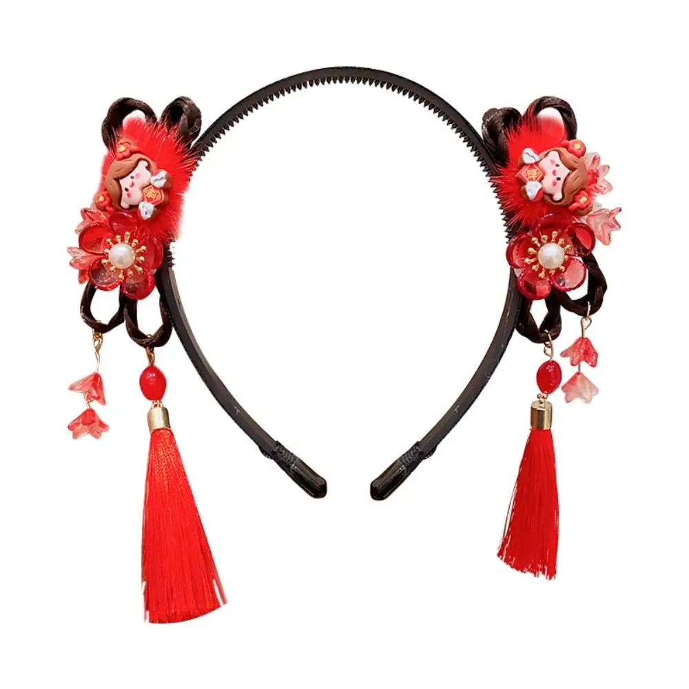 

Cute Chinese Style Hanfu Wig Headband Pearl Red Flower Tassel Headband Headdress Ancient New Year Headwear Children