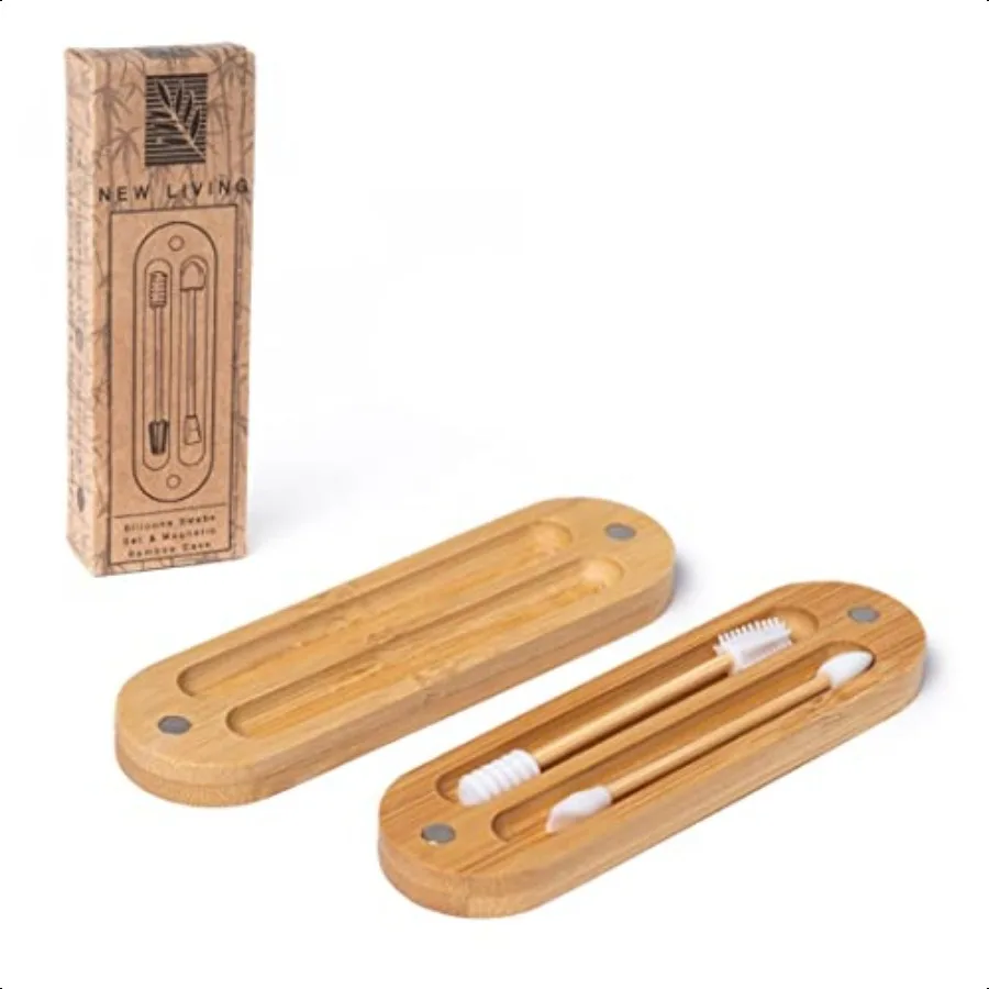 Set di 2 tamponi per trucco in silicone con custodia in bambù di QTips in silicone riutilizzabili ecologici per il trucco