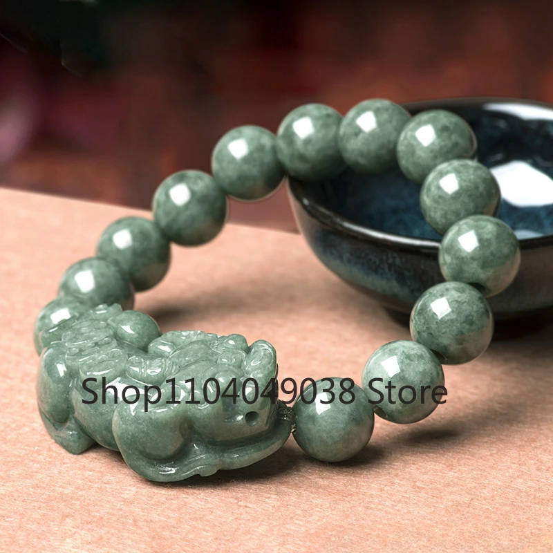 Natural A-grade Jade Money Lucky Pixiu Hand String Ice Bead Bracelet Men's and Women's Jade Bracelet