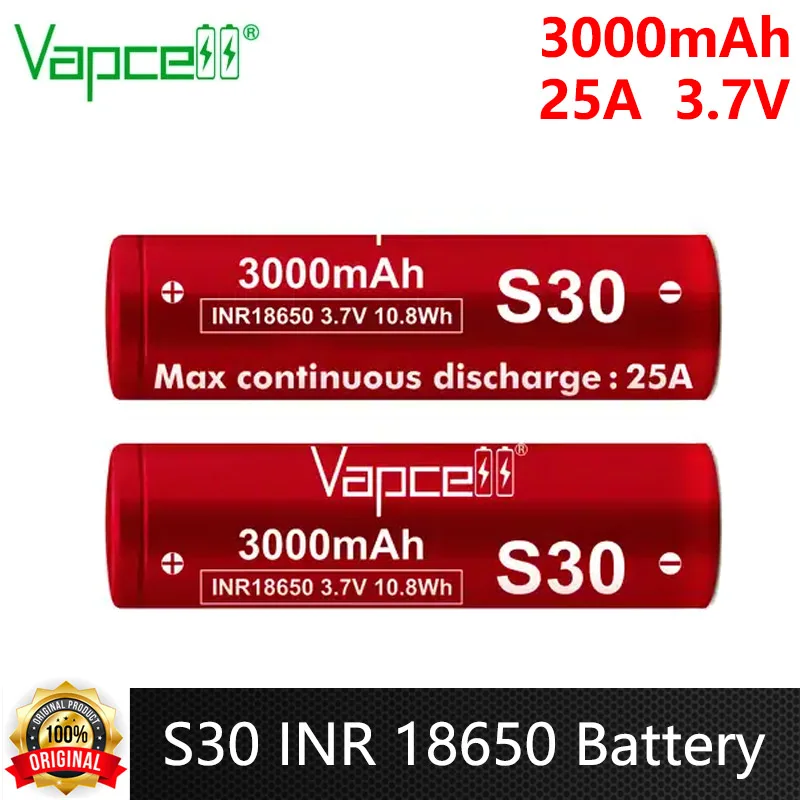 Original Vapcell S30 INR 18650 แบตเตอรี่ 3000mAh 25A Discharge Current 3.7V 18650 แบตเตอรี่ลิเธียมเหล็กสําหรับ VapeMod