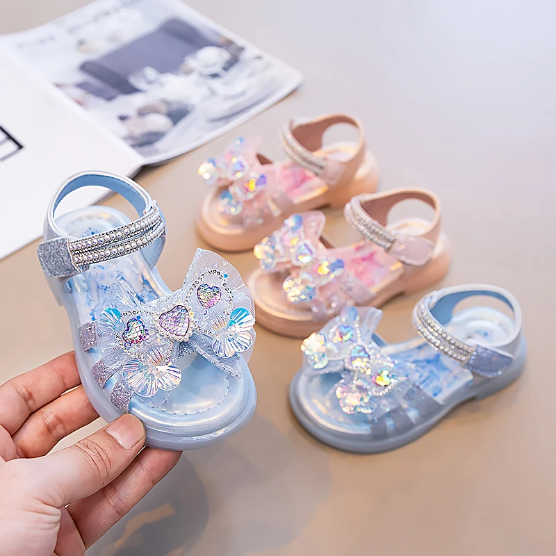 Girls Rhinestone Bow Sandals Sparkly Heart Pearl Soft Sole Hook&Loop Kids Party Dress Shoes for Summer Daily Casual Wear