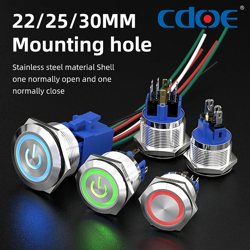 22-30mm 5A 24V High Strength Vandal Resistant Metal Pushbutton Switches with LED, Latching, Momentary. for Automotive, Boats etc