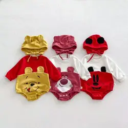 Spring Baby Boys Romper Cartoon Mickey Mouse Bear Print Long Sleeve Hoodies Jumpsuit Pajamas Newborn Girl Clothes Outfit 0-2T