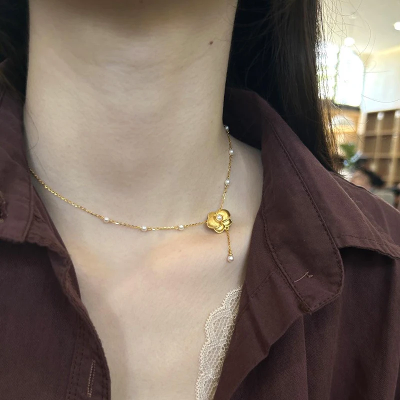 Rich and exquisite velvet gardenia pearl necklace antique gold craftsm brushed pearl collar chain tassel wedding jewelry - view 6