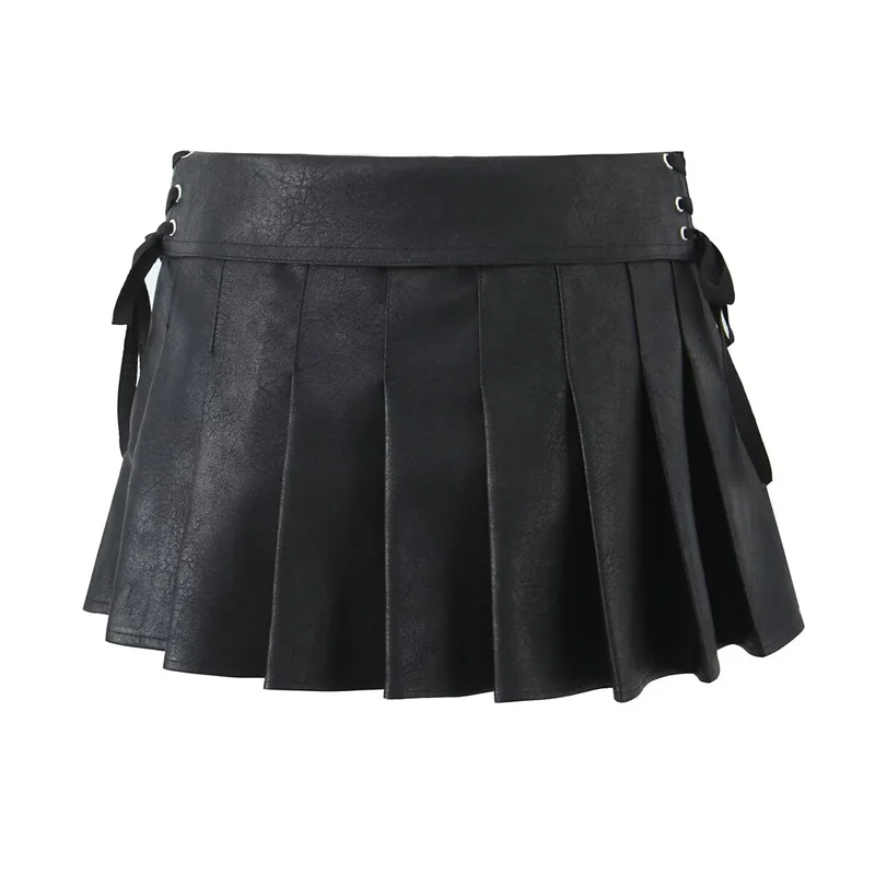 KEYANKETIAN 2024 New Launch Women's Slit Lace Up Decoration Side Zipper Artificial Leather Skirt Hot sweet Pleated Mini Skirt