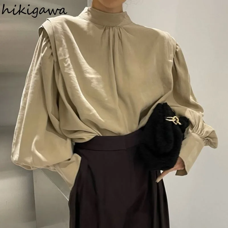 Korean Shirt Women Clothing Half High Collar Lantern Sleeve Blouses Loose Vintage Blusas De Mujer Folds Temperament Blouse Tops